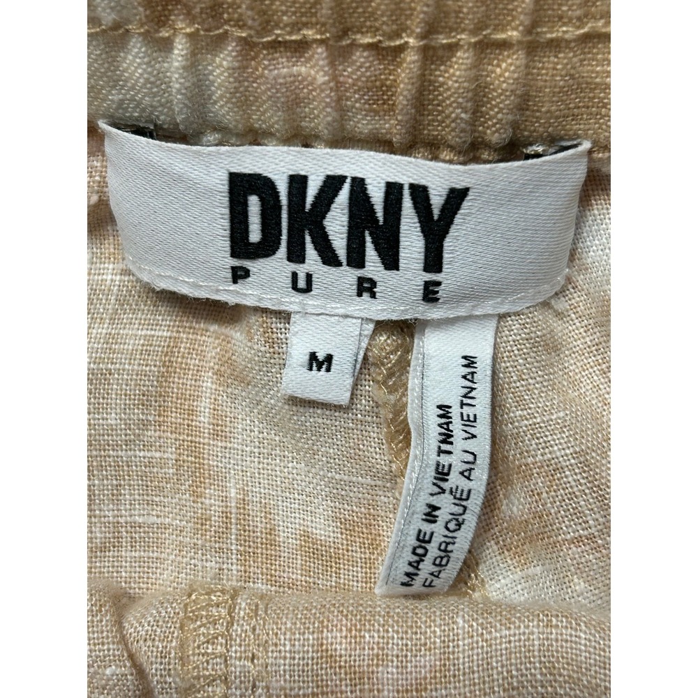 DKNY Pure 100% Linen Boho Chic Wide Leg Drawstring Pants Tan White Tie Dye Print - Picture 3 of 10